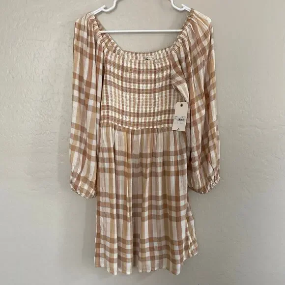Billabong Paradise Days Checkered Plaid Smocked Neutral Mini Dress Womens Medium